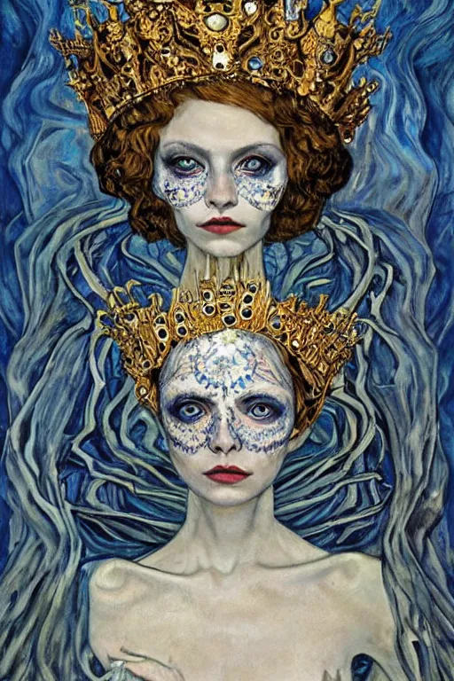 Image similar to The Queen of Bones by Karol Bak, Jean Deville, Gustav Klimt, and Vincent Van Gogh, portrait of a porcelain princess wearing a crown, beautiful porcelain doll face, pale blue eyes, mystic eye, otherworldly, crown made of bones, ornate jeweled crown, skulls, fractal structures, arcane, inscribed runes, infernal relics, ornate gilded medieval icon, third eye, spirals, rich deep moody colors