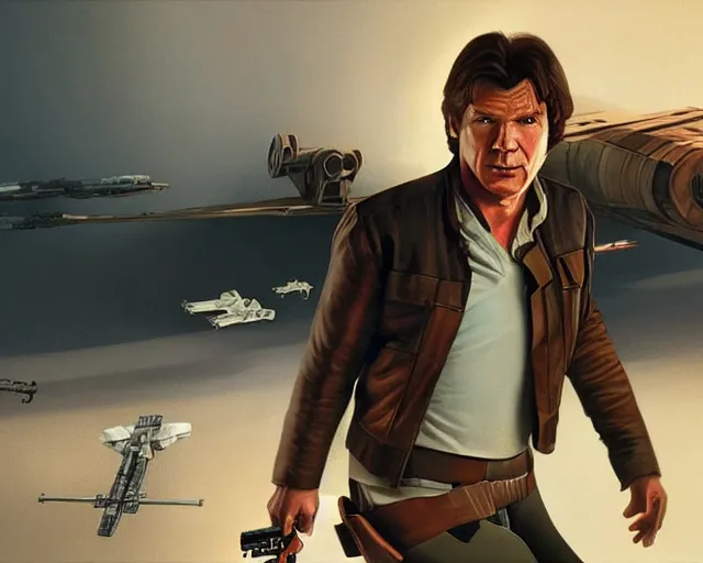 Image similar to the most amazing dream you ever had about han solo, harrison ford,, star wars, gta v, hyper realistic, ambient lighting, concept art, intricate, hyper detailed, smooth, volumetric lighting, george lucas, ralph mcquarrie, octane