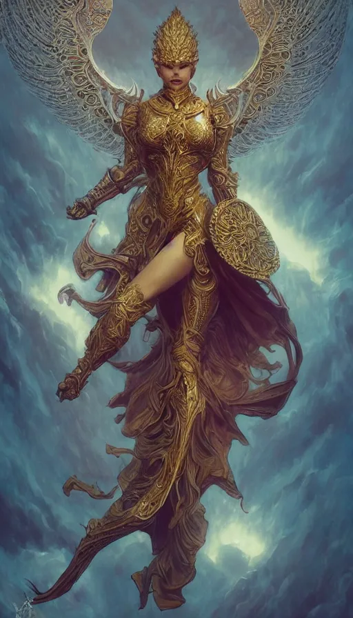 Image similar to ascending dark full body redhead goddess angel, lupe fuentes, intricate armor, highly detailed, glowing, action pose, cinematic, art deco, gold filigree, ethereal, alfonso mucha, zdzisław beksinski, andrei ryabovichev, shaun tan, chriss foss, peter mohrbacher, 4 k