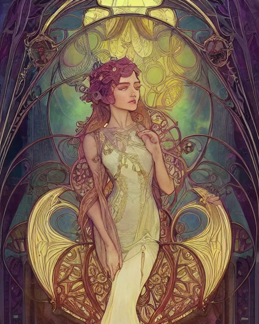 Prompt: a angle, highly detailed, very intricate, art nouveau, gold filigree, romantic storybook fantasy, soft cinematic lighting, award - winning, disney concept art watercolor illustration by mandy jurgens and alphonse mucha and alena aenami, pastel color palette, featured on artstation