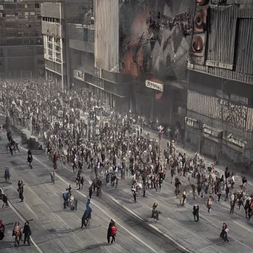 Image similar to hordes of drone-like people aimlessly walking around a depressing dystopian cityscape , trending on artststion, hyper realistic, surreal, melancholic, 8k, upscaled