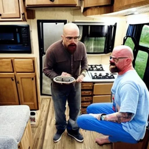 Image similar to Walter White cooking blue meth with Seth Rogan inside an RV