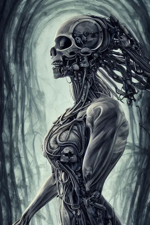 Prompt: a girl in a closed helmet-skull in a alive biopunk dress consisting of swollen muscles, tendons, bones joints, protruding pistons. masterpiece 4k digital design by Ayami Kojima, award winning, Artstation, Ayami Kojima aesthetic, Neo-Gothic, gothic, forest on background, intricate details, realistic, hyperdetailed, 8k resolution