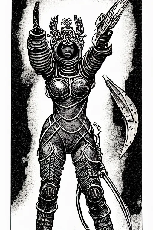 Image similar to warforged beyonce, as a d & d monster, full body, pen - and - ink illustration, etching, by russ nicholson, david a trampier, larry elmore, 1 9 8 1, hq scan, intricate details, inside stylized border