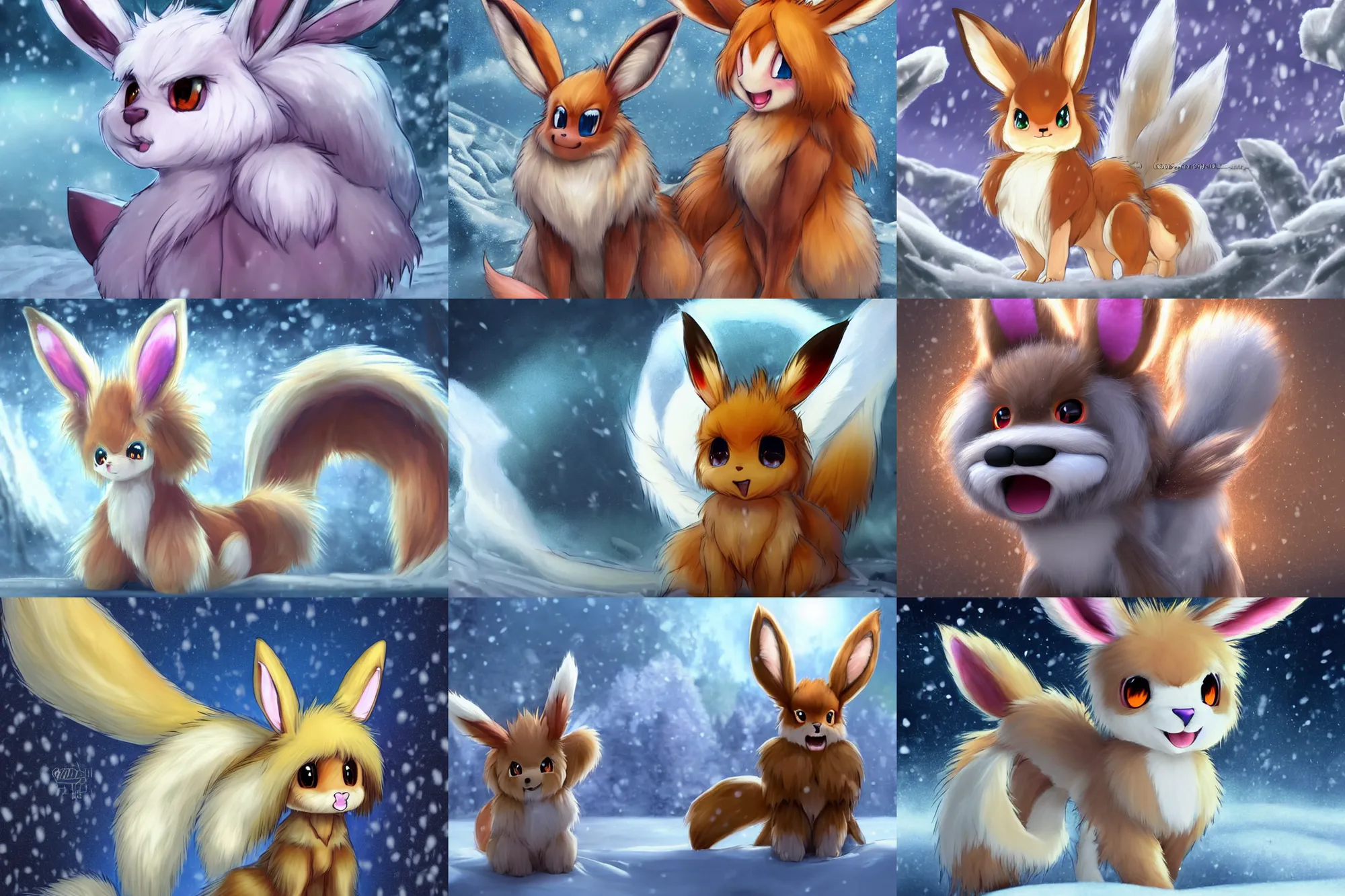 Prompt: fan art rendering of a happy anthro fuzzy eevee evil comb sitting in snow eevee high resolution anthro eevee humanoid, CGsociety UHD 4K highly detailed, intricate heterochromia sad, watery eyes with clawed finger in nose eevee anthro kneeling poofy synthetic fur tail wearing bow braided tail looking down eevee anthro tongue sticking out wearing a sash smiling in winter