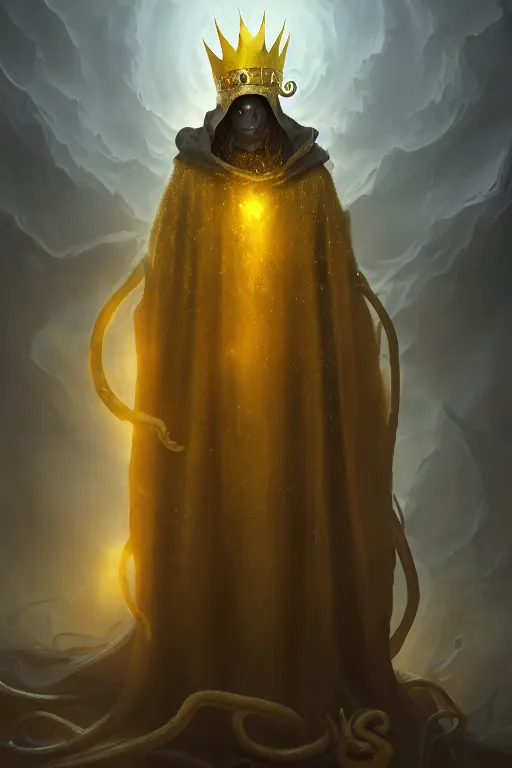 Prompt: A full body portrait of a mysterious character with no face with a very long hooded yellow cloak, a golden crown floating above his head, tentacles coming out the ground art by Jason Chan, ominous, cosmic horror, trending on artstation, Ultra detailed, hyper realistic 4k