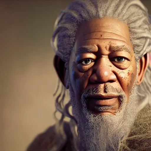 Prompt: morgan freeman starring as gandalf in lord of the rings, realistic extremely detailed photo style painting, granular detail, holographic krypton ion, octane render, 4 k, f 3 2, 5 5 mm photography, wide angle