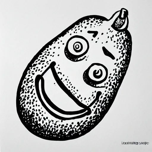 Image similar to linocut of a humanoid smiling pickle