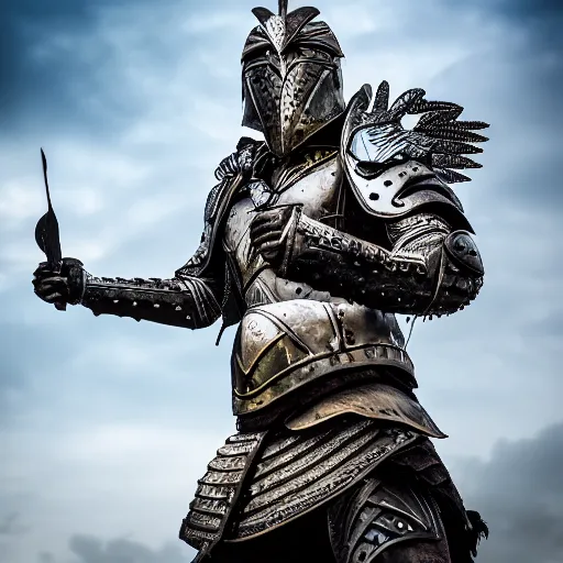 Prompt: warrior with metal eagle, armour 4k, HDR, smooth, sharp focus, hyper realistic, high resolution