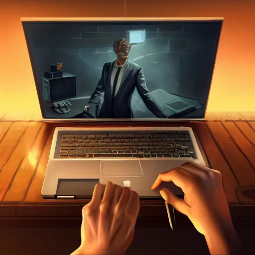 Image similar to realistic rich man using laptop in gaming room, artstation trends, future concept art, highly detailed, intricate, sharp focus, digital art, 8 k