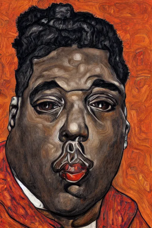 Image similar to a portrait of biggie small in style of egon schiele, masterpiece, hyperdetailed, complex, intricate, 4 k, trending on artstation