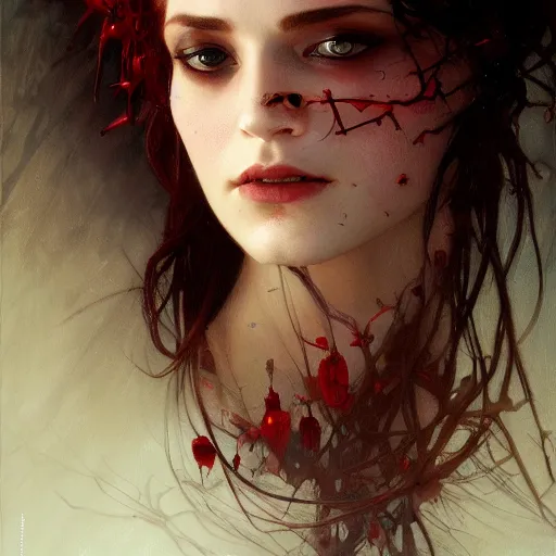 Prompt: portrait of beautiful vampire, thorns everywhere, real eyes, headshot, pale skin, 4k, rule of thirds, extreme detail, detailed drawing, trending artstation, hd, fantasy, D&D, realistic lighting, by Alphonse Mucha, Greg Rutkowski.