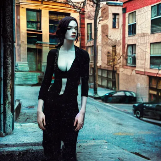 Prompt: stoya realistic expired kodak film full body portrait of an woman in street, hyperrealism, hypermaxiymalism, photorealistic, detailed, atmospheric, 8 k, award winning photography, cinematic