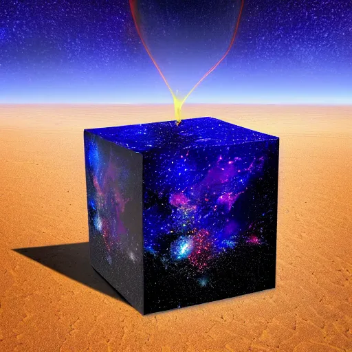 Image similar to a cube of space water floating in the middle of an empty desert, black cube, colorful stars inside the cube, extremely detailed digital art, ominous, artgem, breathtaking, smooth, award winning