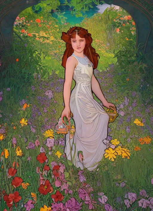 Prompt: well - lit art nouveau portrait of a 1 3 - year old girl wearing a sundress in a flower garden with lanterns at night, natural lighting, path traced, highly detailed, high quality, cartoon, digital painting, by don bluth and alphonse mucha and ross tran