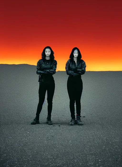 Image similar to cinestill 5 0 d photographic portrait of two loving female androids wearing rugged black techwear on a desolate plain with a red sky, extreme closeup, lizard on ground, cyberpunk style, in front of a brutalist dark metal facility, dust storm, 3 5 mm, 8 k, hd, f / 3 2, high resolution, ultra realistic faces