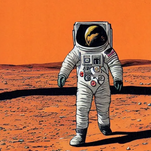 Image similar to astronaut walking on Mars with a rover in the background, Vintage Magazine Illustration