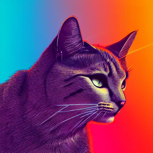 Prompt: cat head outline, laser eyes, portrait, vaporwave, synthwave, neon, vector graphics, cinematic, volumetric lighting, f 8 aperture, cinematic eastman 5 3 8 4 film, photorealistic