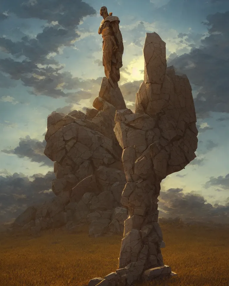 Image similar to wide shot of a tall and thin rocky geometric statue hovering vertically ten feet above a cornfield, late afternoon, golden hour, dramatic lighting, cinematic, highly detailed, smooth, sharp focus, concept art by greg rutkowski and marc simonetti