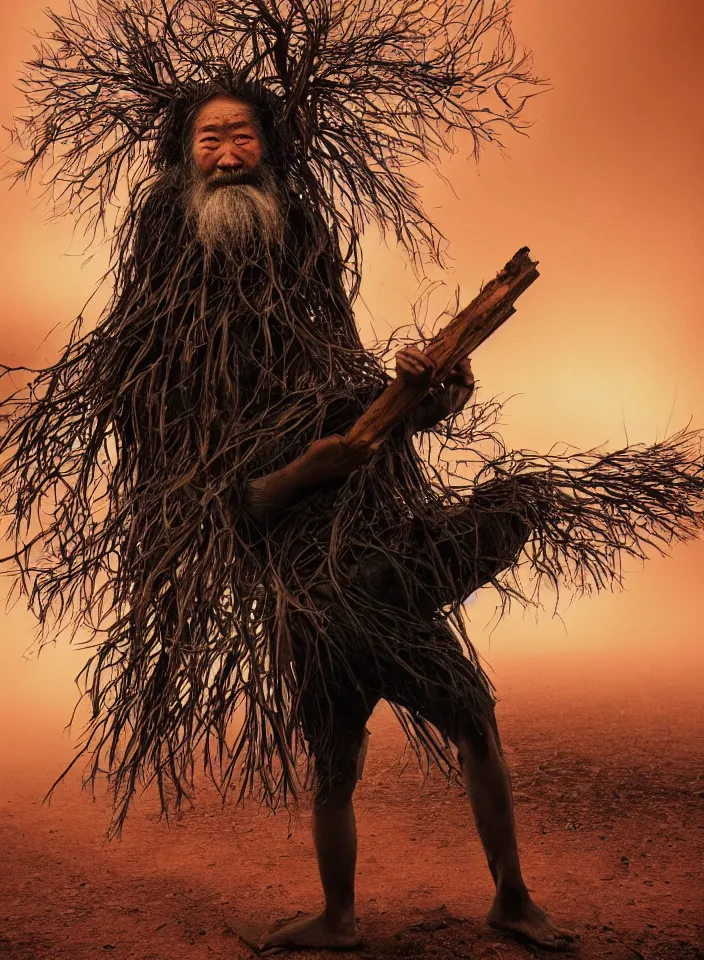 Image similar to full body shot of old asian man with long beard, hanging from a tree, his head upside down, covered in roots, bright multiple glowing eyes, holding a large carved wooden dark fractal stick, hanging upside down, head upside down, thick smoke around him, in the burning soil desert, cinematic shot, wide angle, dark desert background, volumetric lighting by Denis Villeneuve, Lubezki, Gaspar Noe, Christopher Doyle and Alejandro Jodorowsky, anamorphic lens, anamorphic lens flares, kodakchrome, cinematic composition, practical effects, award winning photo, 8k