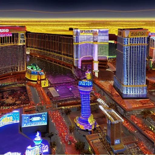 Image similar to las vegas strip being flooded end of the world 3 d studiomax, maya 3 d, unrealengine, 4 k, 8 k, hdr, extreme render, mind - bending reality, hyper detailed, wide angle ultra - vivid, photo - realistic nikon 3 5 mm, photograph