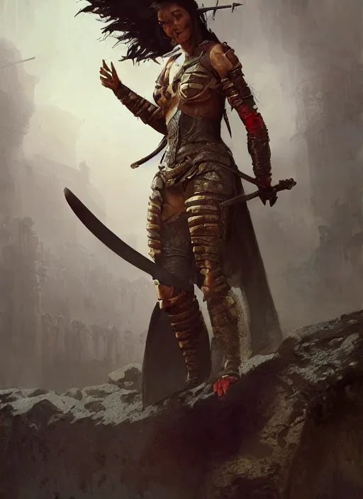 Prompt: hyper realistic photo of experienced medieval pit warrior girl, rule of thirds, conceptart, saturated colors, cinematic, greg rutkowski, brom, james gurney, mignola, craig mullins, artstation, cgsociety