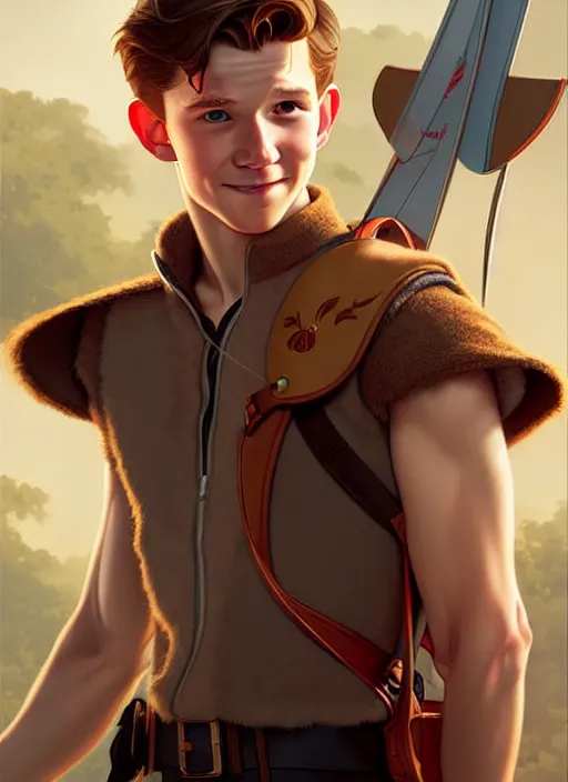 Image similar to cute archer tom holland, natural lighting, path traced, highly detailed, high quality, digital painting, by don bluth and ross tran and studio ghibli and alphonse mucha, artgerm