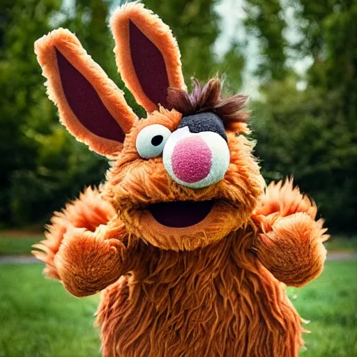 Prompt: a fluffy muppet in the shape of elmo woth brown fur and with rabbit ears wearing a karate uniform out in nature, photography, photorealistic, muppet, national geohraphic