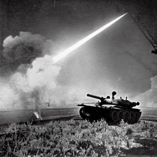 Image similar to a photograph of a dalek firing its laser at a soviet t - 3 4 tank, taken during 1 9 4 4