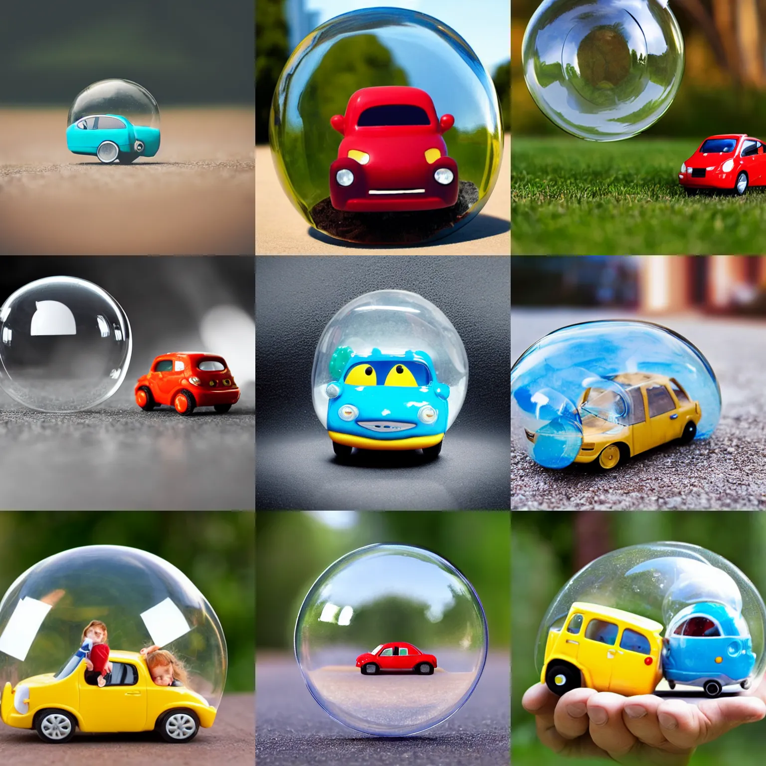 Prompt: a little car in a large bubble, toy car