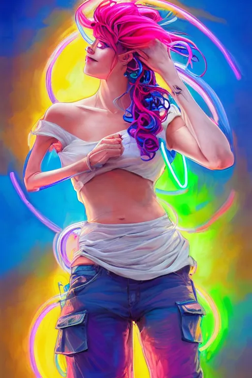 Prompt: a award winning half body portrait of a beautiful woman with stunning eyes in a off shoulder croptop and cargo pants with rainbow colored hair, outlined by whirling illuminated neon lines and fine lines swirling in circles by jesper ejsing and rhads and makoto and shinkai and lois van baarle, digital art, trending on artstation