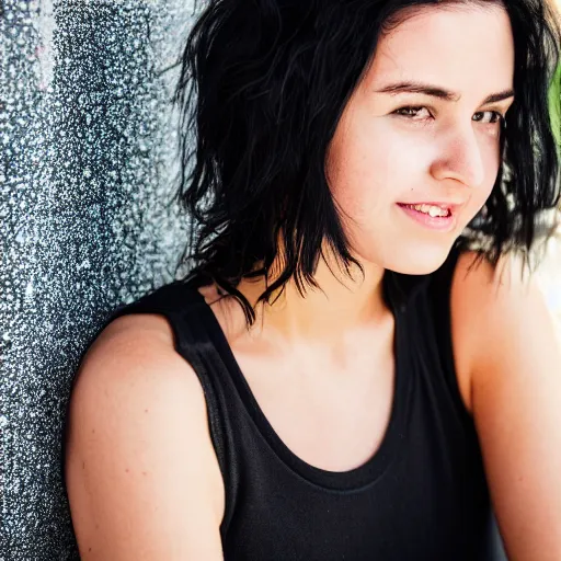 Image similar to young woman with shoulder - length messy black hair, slightly smiling, 1 3 5 mm nikon portrait