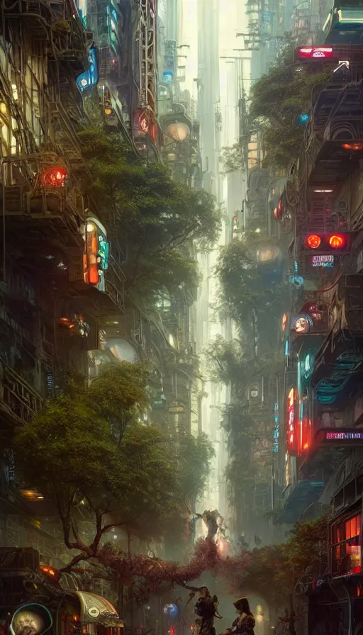 Image similar to hyper realistic cyberpunk city, busy crowded market street overtaken by lush plants, gnarly trees by tom bagshaw, mucha, gaston bussiere, craig mullins, j. c. leyendecker 8 k