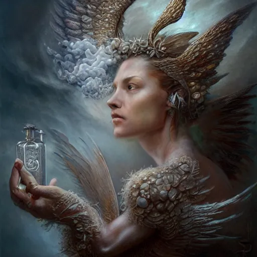 Image similar to a beautiful detailed 3 d matte portrait of a angel, by ellen jewett, by tomasz alen kopera, by justin gerard, ominous, magical realism, texture, intricate, whirling smoke, alchemist bottles, radiant colors, fantasy, volumetric lighting, high details