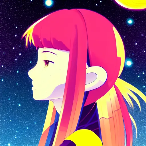 Prompt: portrait of a young astronaut girl with flowing hair, anime, shigeto koyama, narumi kakinouchi,jean giraud, manga, bright colors, beautiful, 28mm lens, vibrant high contrast, gradation, cinematic, rule of thirds, great composition, intricate, detailed, flat, matte print, sharp,clean lines, Ilya Kuvshinov