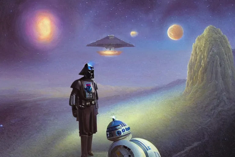 Image similar to star wars, art by darrell k. sweet and peter elson and kinuko y. craft, trending on artstation, moon light first - person view iridescent colors, tonalism, very detailed, retrowave, exquisite corpse