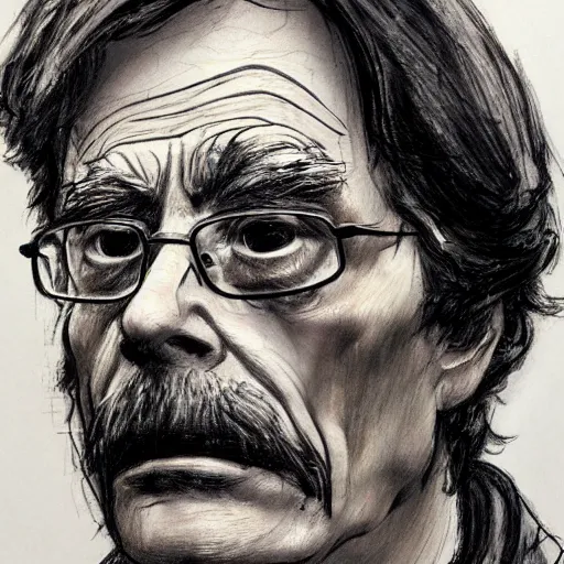 Prompt: a realistic yet scraggly portrait sketch of the side profile of a stern and sophisticated stephen king, trending on artstation, intricate details, in the style of frank auerbach, in the style of sergio aragones, in the style of martin ansin, in the style of david aja, in the style of mattias adolfsson