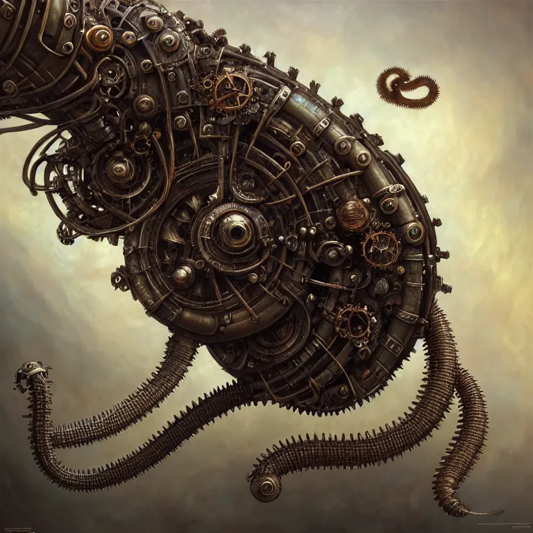 Prompt: steampunk robot millipede, unreal engine realistic render, 8 k, micro detail, intricate, elegant, highly detailed, centered, digital painting, artstation, smooth, sharp focus, illustration, artgerm, tomasz alen kopera, peter mohrbacher, donato giancola, joseph christian leyendecker, wlop, boris vallejo