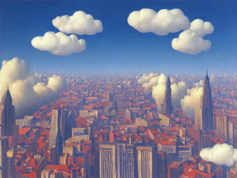 Image similar to city on clouds, painting by rene magritte, centered, high detail, high resolution