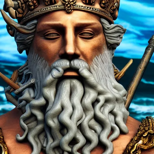 Prompt: detailed close up portrait of Poseidon, the god of the sea, with scepter and crown, rising from the ocean matte painting, photorealistic