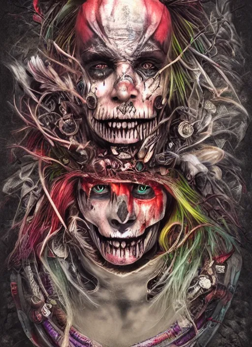 Image similar to mad hatter, polynesian god, half skull half face, highly detailed, cinematic, 8 k, by megan duncanson, benjamin lacombe, adrian borda, stanley artgermm, tom bagshaw, craig mullins, carne griffiths, ayami kojima, beksinski, giger, trending on deviantart, hyper detailed, horror, full of colour