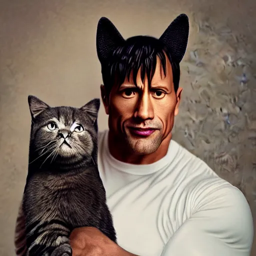 Image similar to Dwayne Johnson wearing a maid dress and cat ear headband, photorealism, photorealistic imagery, fullbody model shoot,