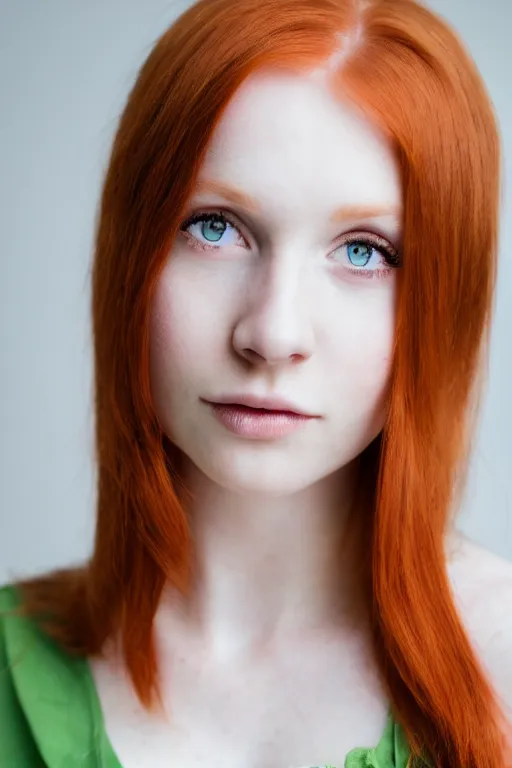 Image similar to a portrait of a redhead beautiful girl, green eyes, highly detailed, 3 5 mm f 1. 4 background silver fir