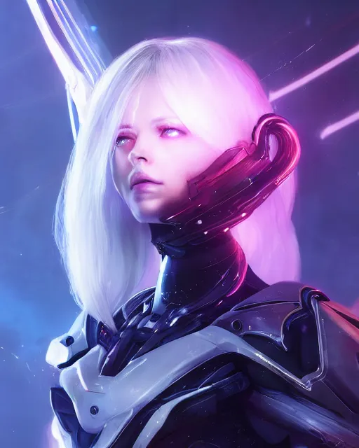 Prompt: perfect android girl on a mothership, warframe armor, beautiful face, scifi, futuristic, galaxy, nebula, raytracing, dreamy, long white hair, blue cyborg eyes, sharp focus, cinematic lighting, highly detailed, artstation, divine, by gauthier leblanc, kazuya takahashi, huifeng huang