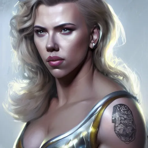 Image similar to detailed portrait of scarlett johansson as a female bodybuilder zarya from overwatch, attractive, beautiful, fantasy, intricate, elegant, highly detailed, digital painting, artstation, concept art, matte, sharp focus, illustration, art by aenaluck, artgerm and roberto ferri and greg rutkowski, epic fantasy, digital painting