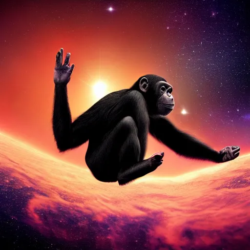 Image similar to a chimpanzee floating through outer space reaching out and touching nebula with it's finger, digital art, concept art, DeviantArt, art station illustration highly detailed artwork cinematic hyper realistic