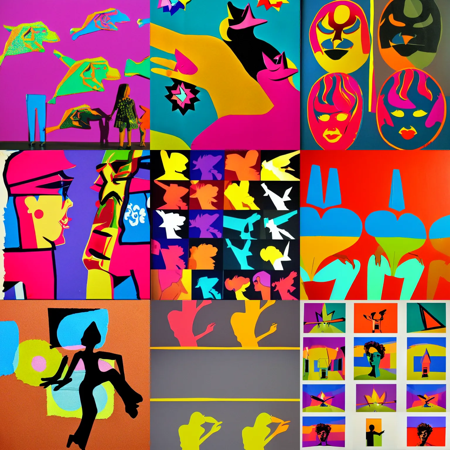 Prompt: colorful 1 9 7 3 pop art shadow puppets by evelyne axell