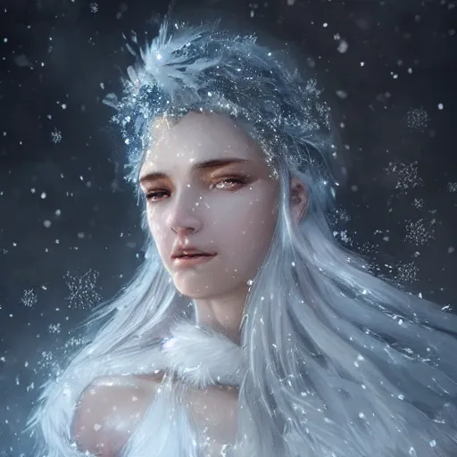 Image similar to a beautiful portrait of an winter goddess with ice hair by Greg Rutkowski and Raymond Swanland, snowflakes falling, Trending on Artstation, ultra realistic digital art