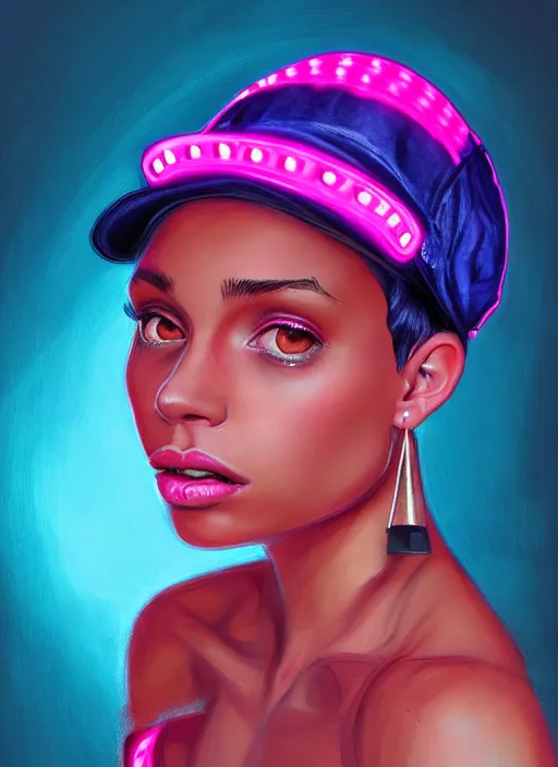 Image similar to portrait of teenage vanessa morgan with bright pink hair, black girl, curly pixie cut hair, wearing newsboy cap, pink short haircut, newsboy cap, hoop earrings, blue eyes, intricate, elegant, glowing lights, highly detailed, digital painting, artstation, concept art, smooth, sharp focus, illustration, art by wlop, mars ravelo and greg rutkowski