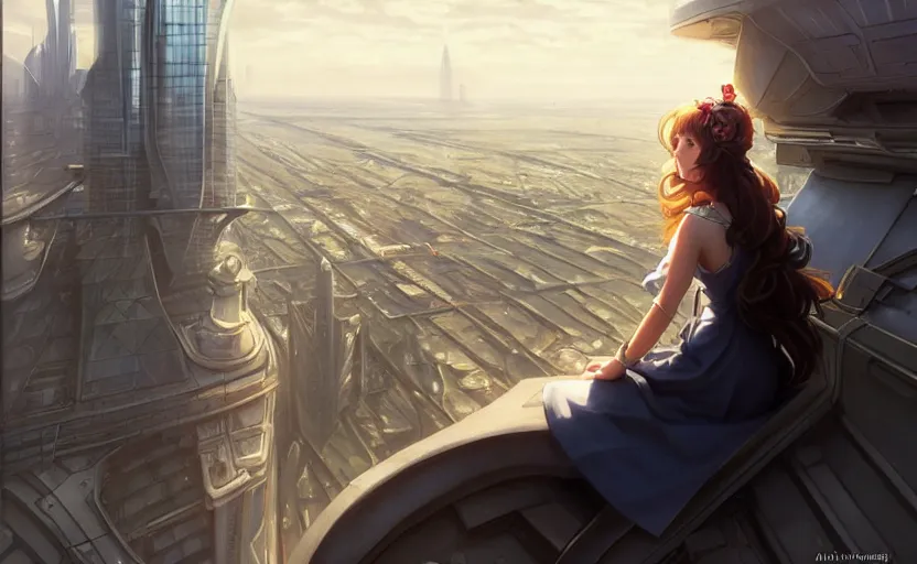 Prompt: Lady maid dress with long hair, she is sitting on the roof of a skyscraper and looking at the horizon of a large city, sci-fi, highly detailed, digital painting, artstation, concept art, smooth, sharp focus, illustration, art by artgerm and greg rutkowski and alphonse mucha